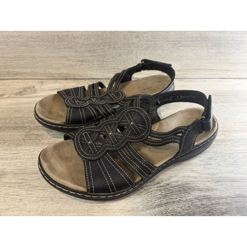 Clarks Collection Women's Leisa Janna Black Leather Open Toe Sandals Size 7.5 - Picture 2 of 8